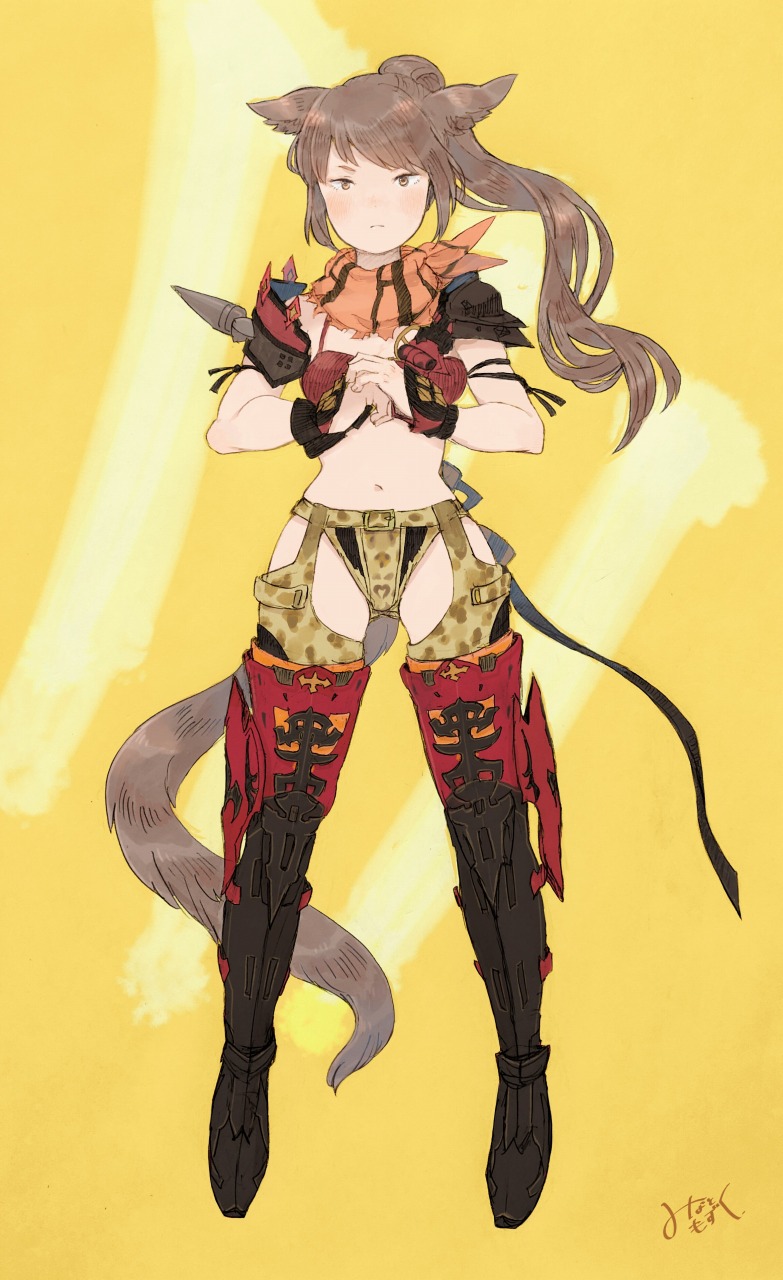 animal_ears brown_eyes brown_hair cat_ears cat_tail closed_mouth final_fantasy final_fantasy_xiv full_body garter_straps highres long_hair looking_at_viewer midriff miqo'te mozuku_(mozuuru0323) ponytail solo standing tail thighhighs_under_boots wrist_guards
