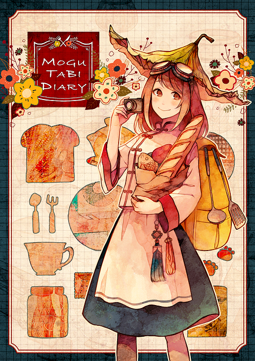 akagi_shun baguette blue_skirt bread brown_eyes brown_hair camera closed_mouth flower food goggles groceries hand_up hat holding holding_camera looking_at_viewer original skirt smile solo taiyaki wagashi