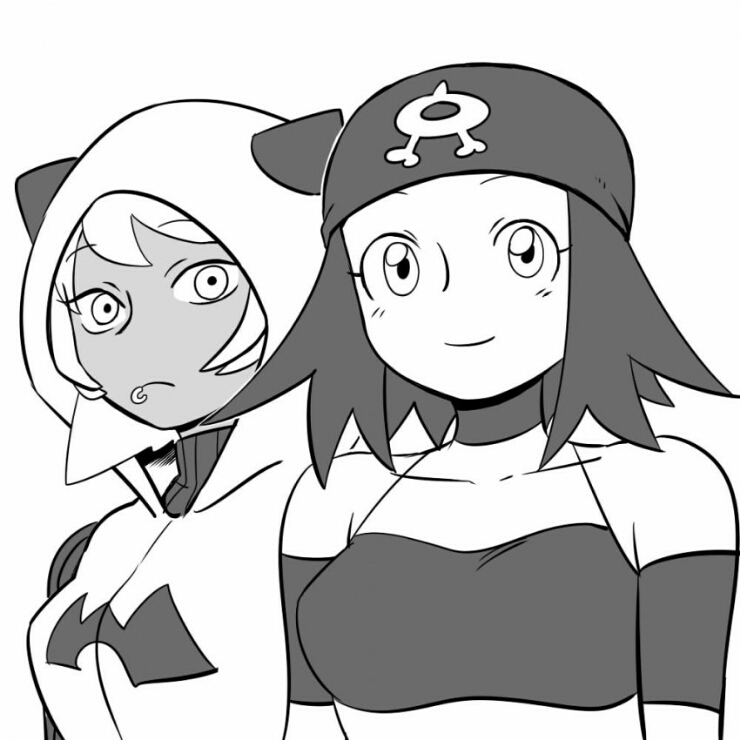 bandana bangs bare_shoulders closed_mouth collarbone cosplay costume_switch eyebrows eyebrows_visible_through_hair frown gooberman_(kdk5011) hood hood_up lip_piercing long_hair monochrome mouth_piercing multiple_girls piercing pokemon pokemon_(game) pokemon_oras shirt smile striped striped_shirt team_aqua team_aqua_grunt team_aqua_uniform team_magma team_magma_grunt team_magma_uniform turtleneck upper_body