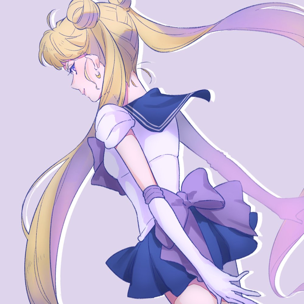 ama_mt back_bow bishoujo_senshi_sailor_moon blonde_hair blue_sailor_collar blue_skirt bow cowboy_shot double_bun dutch_angle elbow_gloves gloves lavender lavender_background light_smile long_hair looking_back pleated_skirt purple_bow purple_eyes sailor_collar sailor_moon sailor_senshi_uniform simple_background skirt solo tsukino_usagi twintails very_long_hair white_gloves