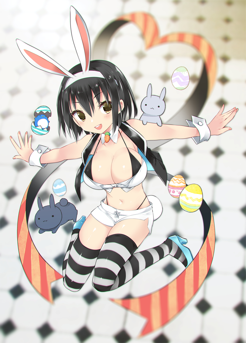 :d animal animal_ears bad_proportions bangs bare_shoulders bird black_bra black_hair black_panties black_vest blue_footwear blurry blurry_background blush bra breasts brown_eyes bunny bunny_ears cleavage collarbone crop_top depth_of_field detached_collar easter_egg egg eyebrows_visible_through_hair fake_animal_ears fingernails hair_between_eyes hairband heart high_heels highleg highleg_panties highres kamiyoshi_rika large_breasts midriff nail_polish navel open_mouth original outstretched_arms panties pink_nails shirt short_shorts shorts smile solo spread_arms striped striped_legwear thighhighs underwear upper_teeth vest white_collar white_hairband white_shirt white_shorts wrist_cuffs