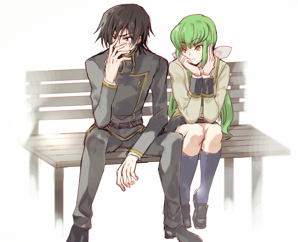 1girl ashford_academy_uniform bench black_jacket black_pants blue_legwear brown_hair c.c. code_geass couple covered_mouth creayus eyebrows_visible_through_hair green_hair hand_on_own_face jacket legs_apart lelouch_lamperouge long_hair long_sleeves looking_at_another low_twintails pants purple_eyes school_uniform shoes sitting smile socks sweatdrop twintails yellow_eyes