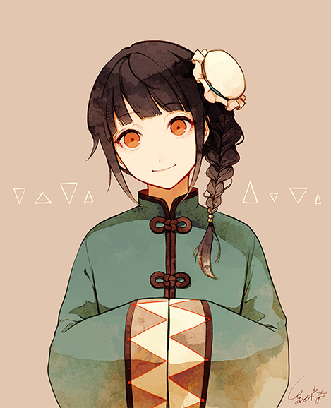 akagi_shun bangs black_hair blunt_bangs braid brown_background brown_eyes bun_cover china_dress chinese_clothes closed_mouth dress eyebrows_visible_through_hair hands_in_opposite_sleeves head_tilt looking_at_viewer original signature single_braid smile solo
