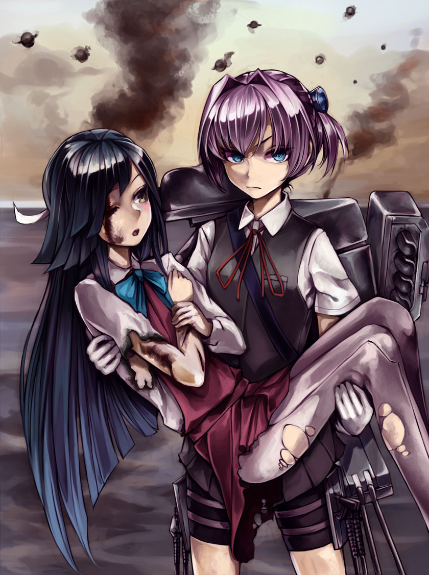 bangs bike_shorts black_skirt black_vest blood blue_bow blue_eyes blue_neckwear bow bowtie breast_pocket carrying collared_shirt commentary_request cuts dress gloves grey_legwear hair_intakes hair_ornament hair_ribbon hayashimo_(kantai_collection) holding_arm horizon injury kantai_collection kurou_(bcrow) long_hair looking_at_another looking_at_viewer machinery multiple_girls neck_ribbon ocean one_eye_closed outdoors pantyhose pink_hair pleated_skirt pocket princess_carry red_dress red_neckwear red_ribbon ribbon seamed_legwear serious shiranui_(kantai_collection) shirt short_ponytail short_sleeves shorts shorts_under_skirt skirt smoke thigh_strap torn_clothes torn_dress torn_legwear torn_sleeves torpedo_tubes turret v-shaped_eyebrows vest white_gloves white_ribbon white_shirt yellow_eyes