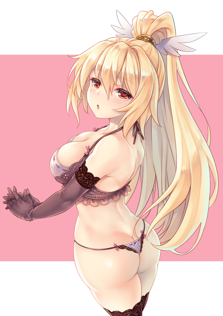 ass bare_shoulders black_gloves black_legwear blonde_hair blush bra breasts butt_crack chestnut_mouth cleavage elbow_gloves gloves high_ponytail large_breasts long_hair looking_at_viewer makirin nanaly_(sennen_sensou_aigis) own_hands_together panties red_eyes sennen_sensou_aigis simple_background solo standing thighhighs thong underwear very_long_hair