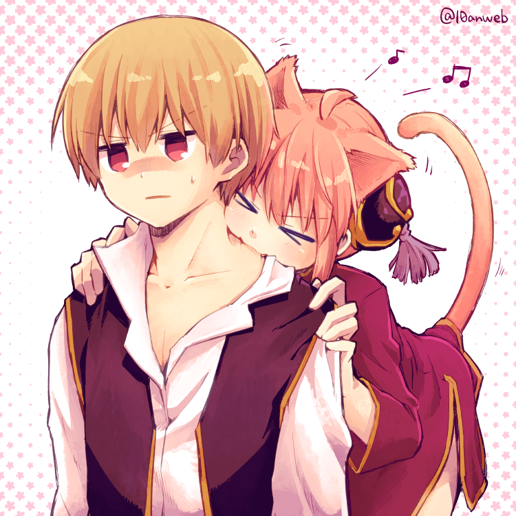 &gt;_&lt; 1girl a4_(drpnd) ahoge animal_ears bent_over biting blonde_hair blush cat_ears cat_tail collarbone dress eyebrows_visible_through_hair fangs gintama hands_on_another's_shoulders head_tilt jitome kagura_(gintama) musical_note okita_sougo orange_hair parted_lips red_dress red_eyes short_hair sweatdrop tail twitter_username v-shaped_eyebrows