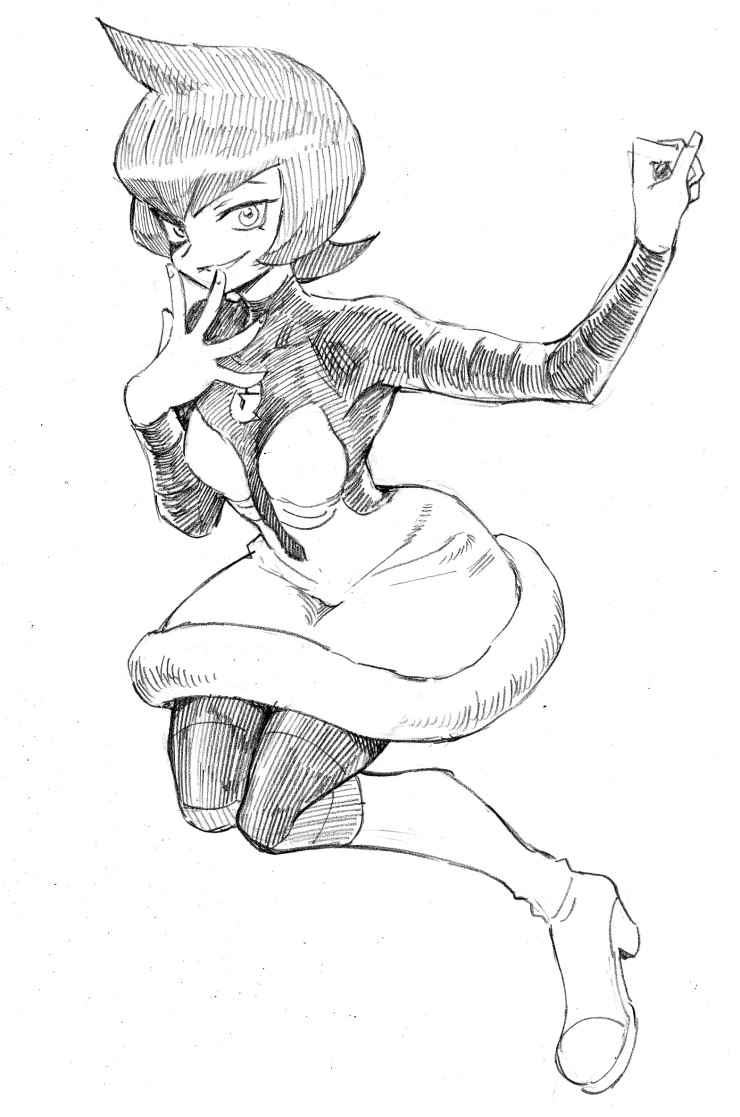 bangs boots breasts dress fingernails full_body gooberman_(kdk5011) grin hand_on_own_face knee_boots long_sleeves mars_(pokemon) monochrome pantyhose platform_boots platform_footwear pokemon pokemon_(game) pokemon_dppt short_hair simple_background small_breasts smile solo team_galactic traditional_media turtleneck white_background