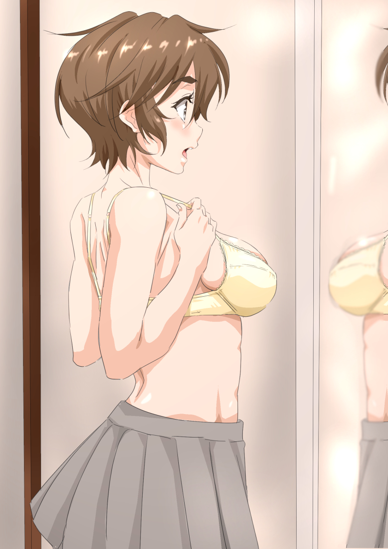 :o back bangs bare_shoulders blurry blush bra bra_strap breasts brown_hair commentary_request cowboy_shot error from_side grey_eyes grey_skirt hair_between_eyes indoors kosokosomaru_(higashi_taishi) lace lace-trimmed_bra large_breasts lifted_by_self looking_at_mirror midriff miniskirt mirror mizuno_nanatsu open_mouth original pleated_skirt profile reflection shiny shiny_hair short_hair sideboob skirt solo standing strap_lift strap_pull surprised thick_eyebrows tongue underwear upper_teeth yellow_bra