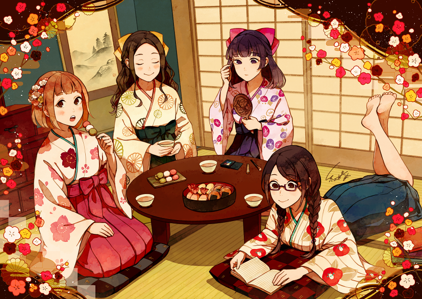 akagi_shun blue_hakama blush book bow brown-framed_eyewear brown_eyes brown_hair campfire closed_eyes closed_mouth commentary_request copyright_request cup dango eating flower food green_hakama hair_bow hair_flower hair_ornament hakama holding holding_food indoors japanese_clothes long_hair long_sleeves looking_at_viewer lying mirror multiple_girls obentou on_stomach onigiri open_book open_mouth painting_(object) pink_bow purple_hair purple_hakama reading red_hakama sanshoku_dango seiza semi-rimless_eyewear short_hair signature sitting smile tatami under-rim_eyewear wagashi wide_sleeves yellow_bow