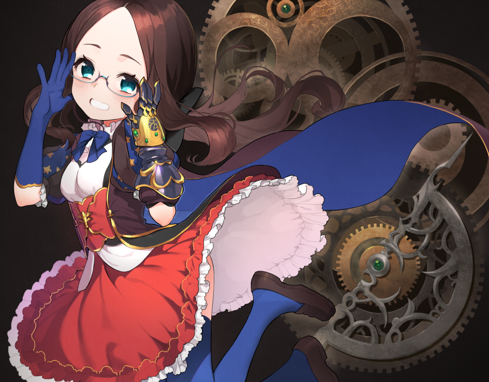 adjusting_eyewear bangs blue_bow blue_cape blue_eyes blue_flower blue_legwear blush bow breasts brown_cape brown_footwear brown_hair cape commentary doremi elbow_gloves fate/grand_order fate_(series) flower forehead gauntlets gears glasses gloves grin head_tilt leonardo_da_vinci_(fate/grand_order) loafers long_hair looking_at_viewer looking_to_the_side multicolored multicolored_cape multicolored_clothes parted_bangs puffy_short_sleeves puffy_sleeves red_skirt shirt shoes short_sleeves single_elbow_glove single_gauntlet skirt small_breasts smile solo star star_print thighhighs very_long_hair white_shirt