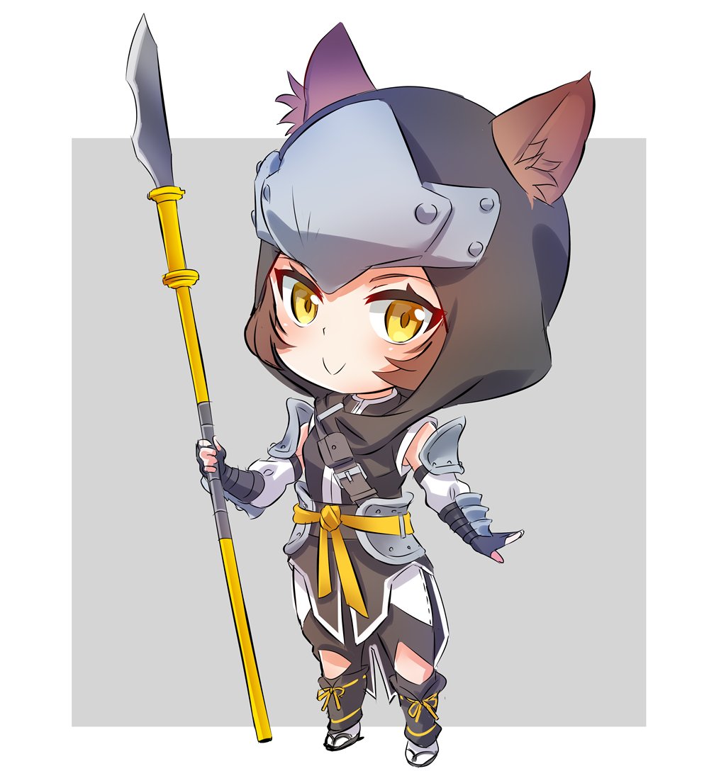 animal_ears armor brown_hair commentary fingerless_gloves gloves greaves helmet iesupa pauldrons polearm rwby rwby_chibi sandals smile solo spear weapon yellow_eyes
