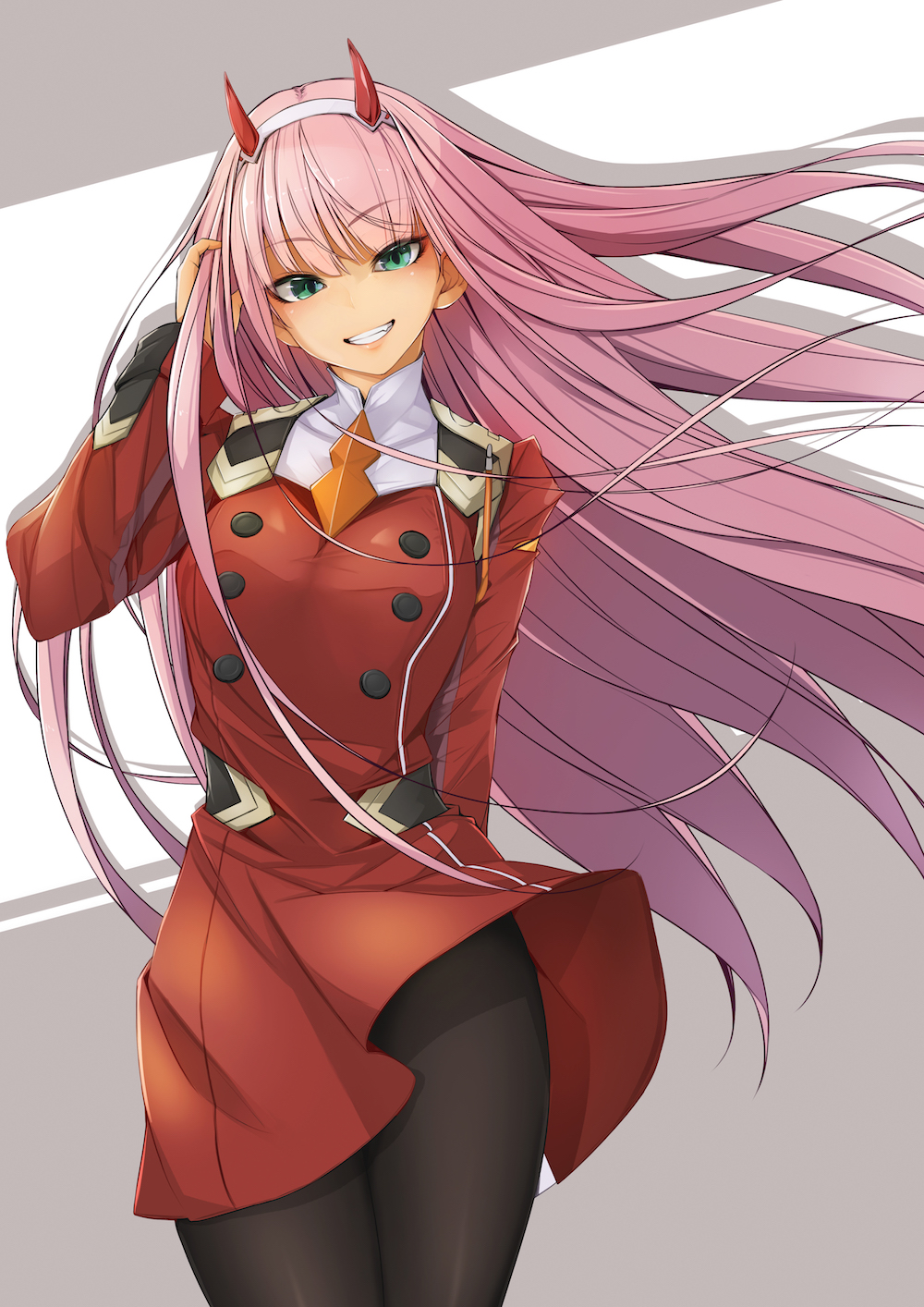 1girl black_legwear clenched_teeth darling_in_the_franxx eyebrows_visible_through_hair green_eyes hairband highres horns long_hair long_sleeves looking_at_viewer pantyhose pink_hair smile solo standing teeth uniform white_hairband zero_two_(darling_in_the_franxx)