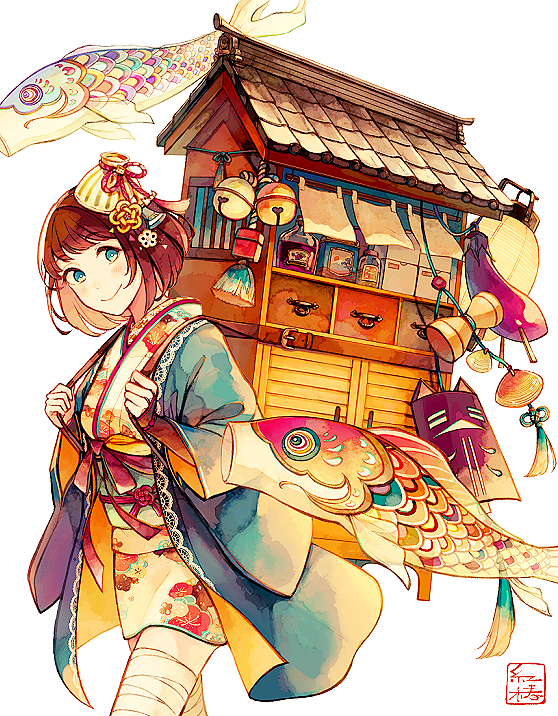 akagi_shun backpack bag bandaged_leg bandages bangs bell blue_eyes blue_jacket blush bottle bowl bracelet brown_hair closed_mouth commentary_request cowboy_shot eyebrows_visible_through_hair fish graphite_(medium) hair_ornament jacket japanese_clothes jewelry jingle_bell kimono long_sleeves looking_at_viewer looking_to_the_side obi open_clothes open_jacket original sash signature smile solo standing tassel traditional_media walking white_background yukata