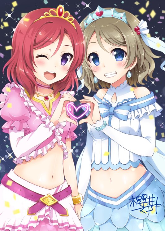 ;d bangle belt blue_eyes blush bracelet choker commentary_request confetti earrings eyebrows_visible_through_hair frills gem grey_hair grin heart heart_hands jewelry koi_ni_naritai_aquarium long_sleeves looking_at_viewer love_live! love_live!_school_idol_project love_live!_sunshine!! midriff multiple_girls music_s.t.a.r.t!! navel necklace nishikino_maki one_eye_closed open_mouth purple_eyes red_hair sakurai_makoto_(custom_size) short_over_long_sleeves short_sleeves shoulder_cutout signature single_sleeve skirt smile sparkle tiara trait_connection watanabe_you