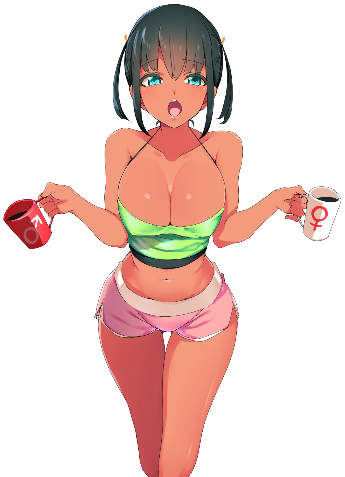 black_hair blue_eyes breasts coffee coffee_mug commentary_request covered_nipples cup dark_skin eyebrows_visible_through_hair highres large_breasts looking_at_viewer manabebebe midriff mug navel open_mouth original pink_shorts short_shorts short_twintails shorts simple_background symbol-shaped_pupils tank_top thighhighs twintails white_background