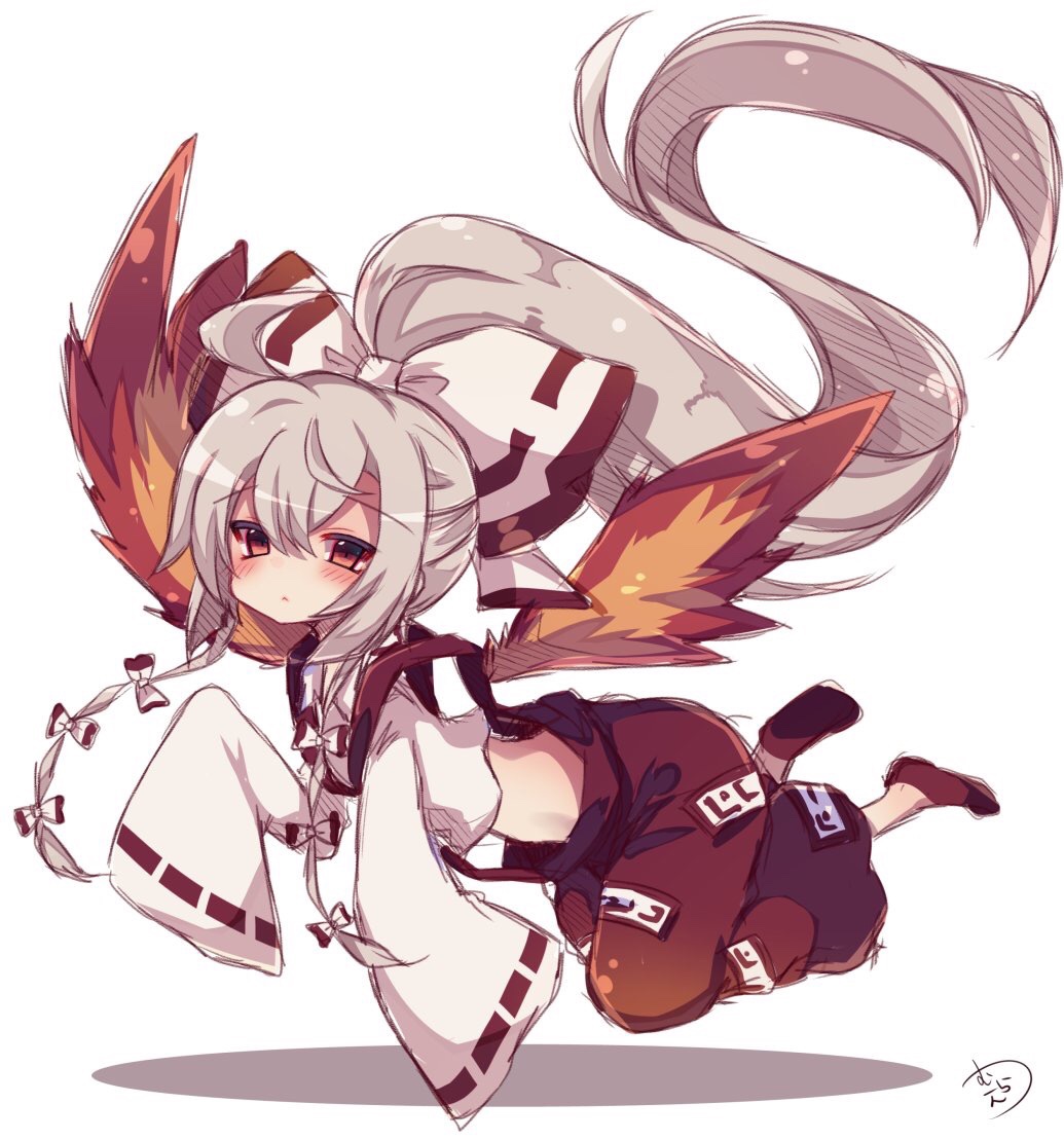 :&lt; adapted_costume ahoge alternate_hairstyle baggy_pants bangs blush bow brown_eyes closed_mouth collared_shirt commentary_request expressionless fiery_wings flying fujiwara_no_mokou hair_between_eyes hair_bow high_ponytail long_hair long_sleeves looking_at_viewer looking_to_the_side midriff muuran ofuda pants ponytail red_footwear red_pants ribbon-trimmed_sleeves ribbon_trim shiny shiny_hair shirt shoes sidelocks signature silver_hair sleeves_past_fingers sleeves_past_wrists solo suspenders touhou very_long_hair white_background white_bow white_shirt wings
