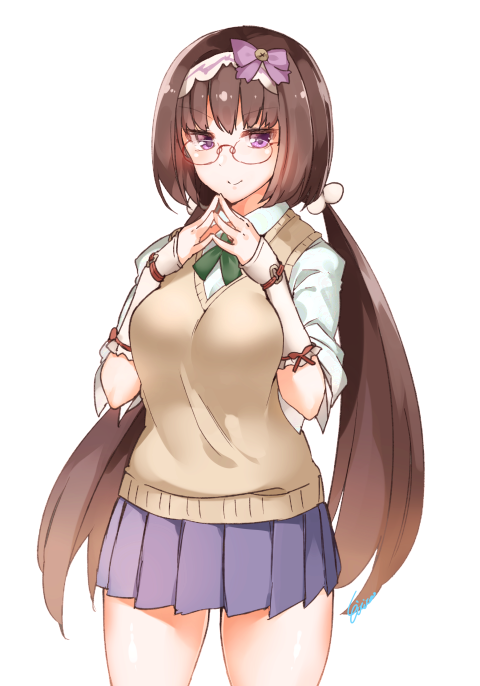 &gt;:) bangs blue_skirt blush bow breasts closed_mouth cowboy_shot eiri_(eirri) eyebrows_visible_through_hair fate/grand_order fate_(series) glasses green_neckwear hair_bow hair_ornament hands_up long_hair long_sleeves low_twintails medium_breasts osakabe-hime_(fate/grand_order) pleated_skirt purple_bow purple_eyes shirt signature simple_background skirt sleeves_pushed_up smile solo steepled_fingers sweater_vest twintails v-shaped_eyebrows very_long_hair white_background white_shirt