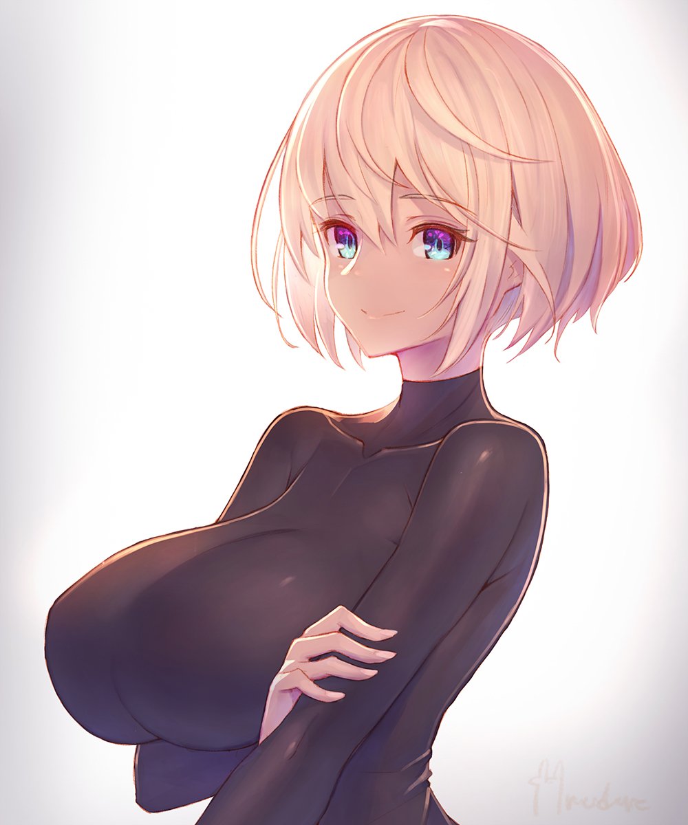arm_under_breasts bangs blonde_hair breast_hold breasts covered_collarbone eyebrows_visible_through_hair fingernails gradient gradient_background highres large_breasts long_sleeves looking_at_viewer nadare-san_(nadare3nwm) original short_hair sidelocks signature simple_background smile solo turtleneck upper_body