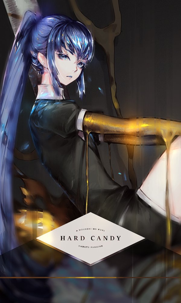 androgynous black_vest blue_eyes blue_hair collared_shirt commentary_request from_side golden_arms houseki_no_kuni long_hair looking_at_viewer looking_to_the_side phosphophyllite phosphophyllite_(ll) ponytail saimon_ma shirt short_sleeves sitting solo spoilers very_long_hair vest wing_collar