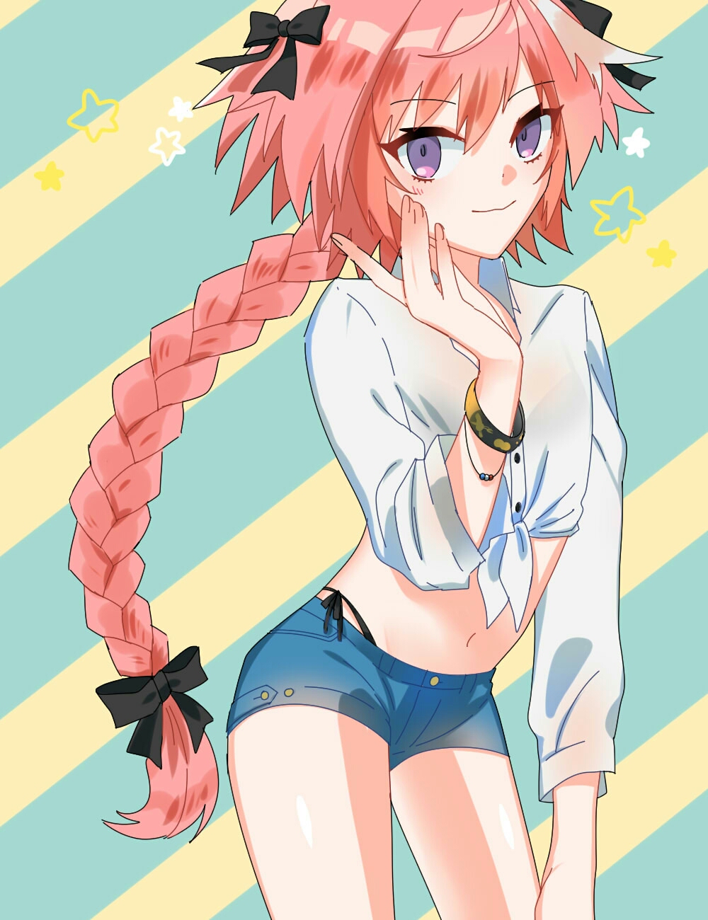 arched_back astolfo_(fate) bangle bangs bead_bracelet beads black_bow black_panties blue_shorts blush bow bracelet braid closed_mouth collared_shirt commentary_request contrapposto cowboy_shot crop_top denim denim_shorts diagonal-striped_background diagonal_stripes dot_nose eyebrows_visible_through_hair eyelashes fate/apocrypha fate_(series) fingernails hair_bow hair_intakes hand_on_own_cheek highleg highleg_panties highres jewelry legs_apart light_smile long_hair long_sleeves looking_at_viewer male_focus multicolored_hair navel otoko_no_ko panties pink_hair purple_eyes shiny shiny_hair shirt short_shorts shorts side-tie_panties simple_background single_braid solo standing star stomach streaked_hair striped striped_background tied_shirt two-tone_hair underwear very_long_hair white_hair white_shirt wing_collar yoshino_(rabb96824)