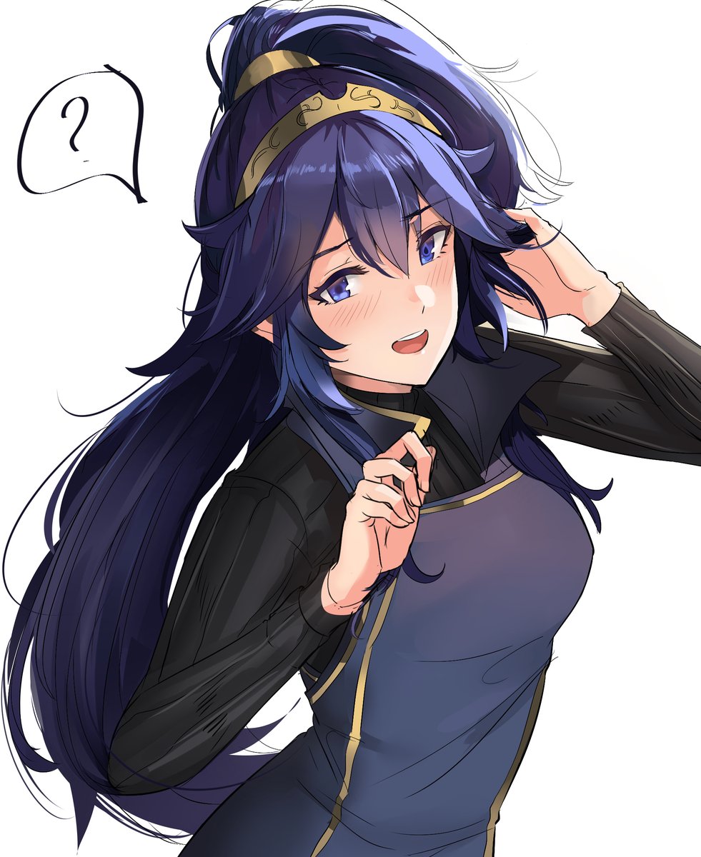 alternate_hairstyle blue_eyes blue_hair blush confused embarrassed eyebrows_visible_through_hair eyelashes fire_emblem fire_emblem:_kakusei hair_ornament hand_in_hair highres long_hair lucina open_mouth ormille ponytail speech_bubble