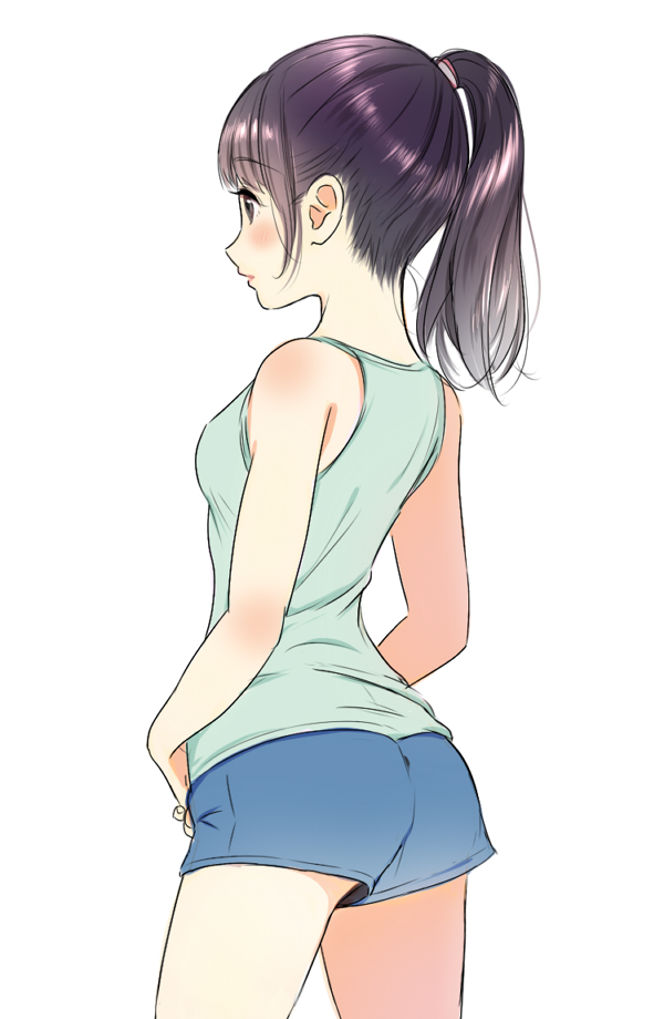 ass back bare_shoulders blush boyshorts brown_eyes character_request closed_mouth commentary_request cowboy_shot eyebrows_visible_through_hair green_tank_top nape ponytail purple_hair simple_background sleeveless solo standing tank_top white_background yatomi