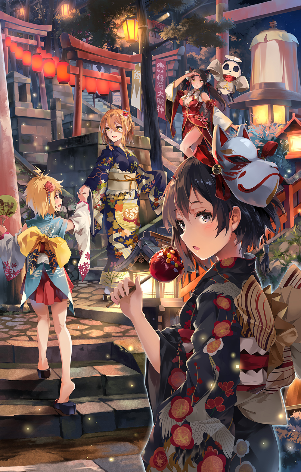 ahoge banner black_hair blonde_hair bow breasts candy_apple cleavage detached_sleeves fan food fox_mask geta grey_eyes hair_ornament hair_ribbon highres holding_hands hong_xiaoyu iron_saga japanese_clothes kimono lantern large_breasts looking_at_viewer mask multiple_girls nakago_iii_(iron_saga) neko_(yanshoujie) obi open_mouth orange_hair outdoors panda paper_fan paper_lantern red_eyes ribbon sash short_hair short_kimono sidelocks stairs stone_stairs takahashi_natsumi takahashi_ryouma torii tree wide_sleeves yellow_eyes