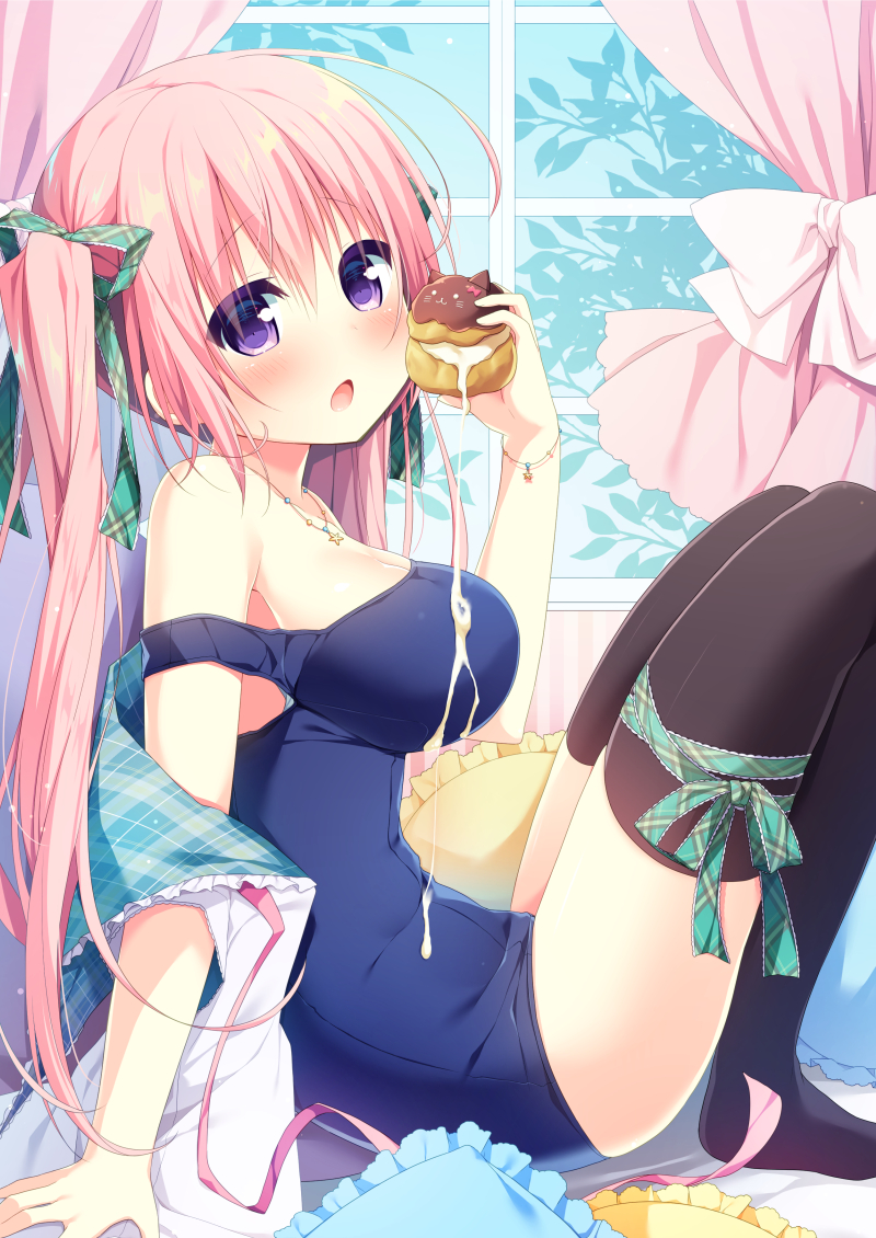 :o arm_support arm_up bangs bare_shoulders black_legwear blue_swimsuit blush bow breasts cleavage commentary_request cream_puff curtains eyebrows_visible_through_hair food frilled_pillow frills from_side green_bow green_ribbon hair_between_eyes hair_bow hanamiya_natsuka head_tilt holding holding_food jewelry large_breasts long_hair looking_at_viewer no_shoes off_shoulder one-piece_swimsuit open_mouth original pastry pendant pillow pink_hair plaid plaid_bow plaid_ribbon purple_eyes ribbon school_swimsuit sexually_suggestive sidelocks solo star strap_slip striped swimsuit thighhighs twintails vertical_stripes very_long_hair vest white_bow white_vest window