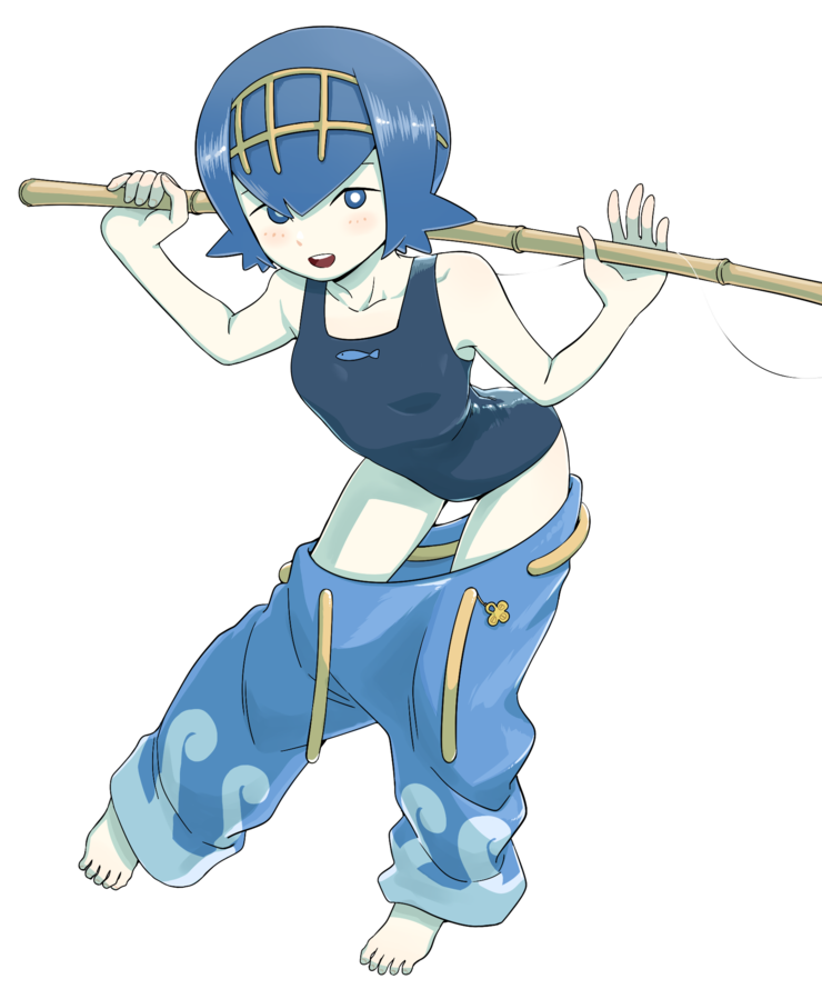 animal_print bangs bare_arms bare_shoulders barefoot bent_over black_swimsuit blue_eyes blue_hair blue_pants blush breasts bright_pupils collarbone fish_print fishing_rod full_body gooberman_(kdk5011) hair_between_eyes hairband holding holding_fishing_rod legs_apart looking_at_viewer one-piece_swimsuit open_mouth pants pokemon pokemon_(game) pokemon_sm print_swimsuit short_hair small_breasts solo standing suiren_(pokemon) swimsuit teeth tongue transparent_background trial_captain white_pupils yellow_hairband