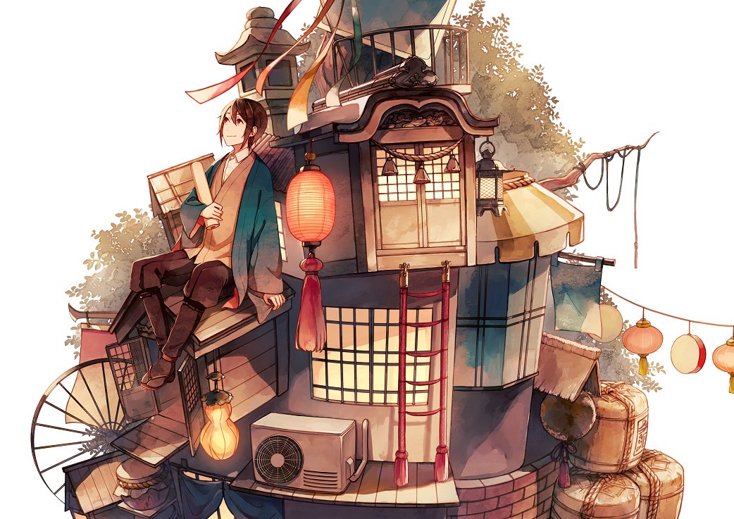 air_conditioner akagi_shun blue_jacket brown_hair closed_mouth collared_shirt commentary_request hair_between_eyes holding jacket ladder lantern long_sleeves looking_up male_focus original paper_lantern sandals scroll shirt sitting smile solo tabi window wing_collar