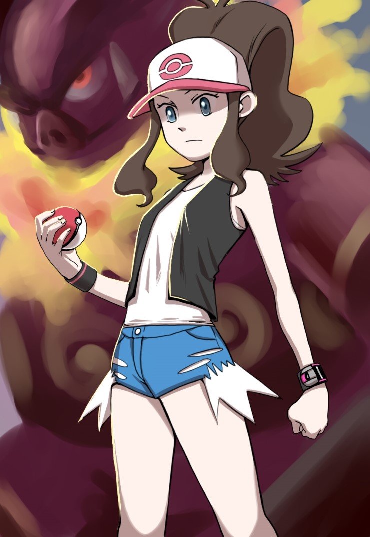 antenna_hair arm_at_side bare_shoulders baseball_cap black_vest blue_eyes blue_shorts breasts brown_hair closed_mouth cowboy_shot cutoffs emboar exposed_pocket eyelashes frown gen_5_pokemon gooberman_(kdk5011) hand_up hat high_ponytail holding holding_poke_ball legs_apart long_hair open_clothes open_vest poke_ball poke_ball_(generic) poke_ball_theme pokemon pokemon_(creature) pokemon_(game) pokemon_bw shirt shorts sidelocks small_breasts solo standing tank_top touko_(pokemon) vest white_hat white_shirt wristband