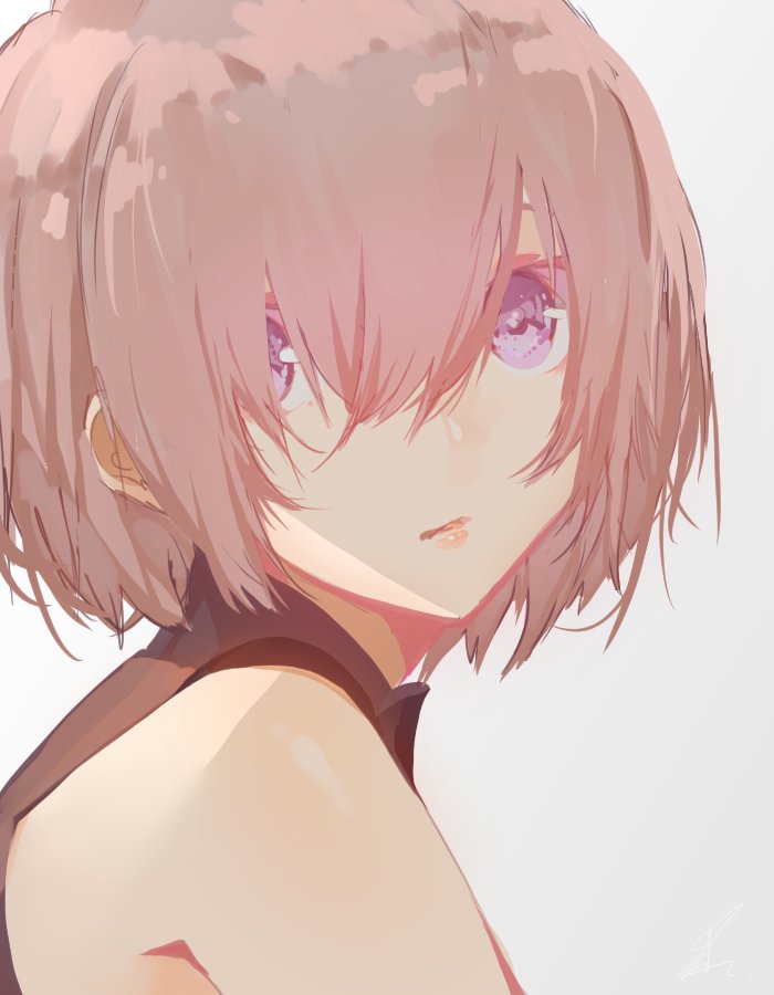 bare_shoulders close-up commentary_request face fate/grand_order fate_(series) from_side hair_over_eyes looking_at_viewer mash_kyrielight pink_hair purple_eyes saihate_(d3) short_hair sleeveless turning_head