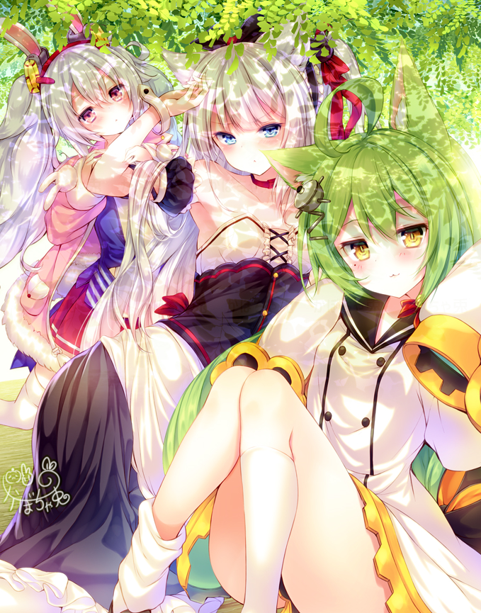 :3 akashi_(azur_lane) animal_ear_fluff animal_ears asymmetrical_legwear azur_lane bangs bare_shoulders bell black_bow black_dress black_sailor_collar blue_eyes blush bow breasts brown_eyes bunny_ears cat_ears cat_hair_ornament closed_mouth collarbone commentary_request detached_sleeves dress eyebrows_visible_through_hair hair_between_eyes hair_bow hair_ornament hair_ribbon hairband hammann_(azur_lane) head_tilt jacket jingle_bell kabocha_usagi kneehighs kneeling laffey_(azur_lane) long_hair long_sleeves looking_at_viewer loose_socks multiple_girls one_side_up open_clothes open_jacket pink_jacket pleated_skirt puffy_short_sleeves puffy_sleeves red_bow red_hairband red_ribbon red_skirt ribbon sailor_collar sailor_dress short_sleeves signature silver_hair single_kneehigh sitting skirt sleeves_past_fingers sleeves_past_wrists small_breasts strapless strapless_dress sunlight thighhighs twintails very_long_hair white_dress white_legwear wide_sleeves wrist_cuffs