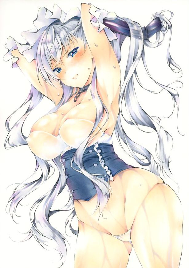 areola_slip areolae armpits arms_behind_head azur_lane bangs belfast_(azur_lane) blue_eyes blush braid breasts chain cleavage collar collarbone commentary_request corset covered_nipples eyebrows_visible_through_hair french_braid frilled_gloves frills gauntlets gloves groin hair_between_eyes half-closed_eyes hands_in_hair highleg highleg_panties large_breasts long_hair looking_at_viewer maid maid_headdress marker_(medium) micro_panties open_mouth panties sidelocks silver_hair simple_background skindentation smile solo sweat sweatdrop thingtng_(sgma7424) traditional_media underwear upper_body wet white_background white_gloves white_panties