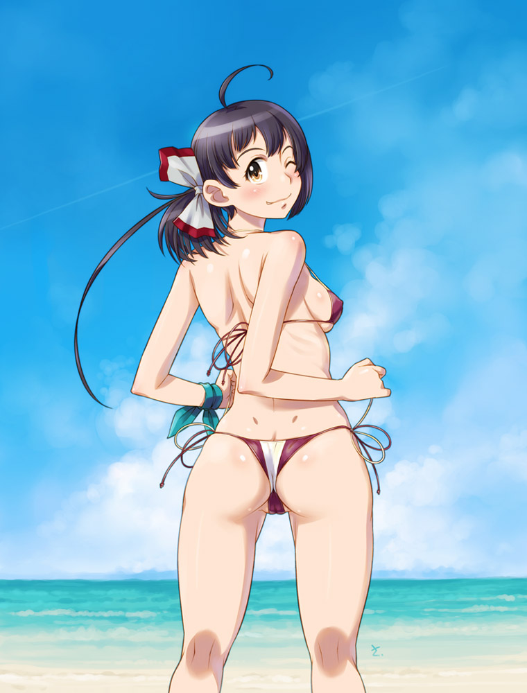 ahoge ass beach bikini black_hair blue_sky butt_crack cloud commentary_request cowboy_shot day dimples_of_venus from_behind fujinami_(kantai_collection) hair_ribbon horizon kantai_collection long_hair multicolored multicolored_bikini multicolored_clothes ocean outdoors ribbon sameha_ikuya side-tie_bikini side_ponytail sky smile solo swimsuit yellow_eyes