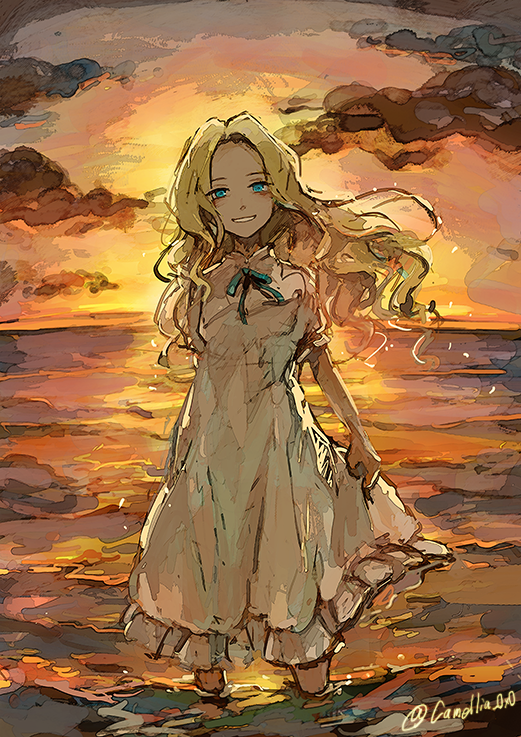akagi_shun bangs blonde_hair blue_eyes blue_neckwear blue_ribbon cloud commentary_request long_hair looking_at_viewer marnie neck_ribbon ocean omoide_no_marnie outdoors parted_bangs parted_lips ribbon simple_background skirt_hold smile solo standing studio_ghibli sunset twitter_username wading white_background
