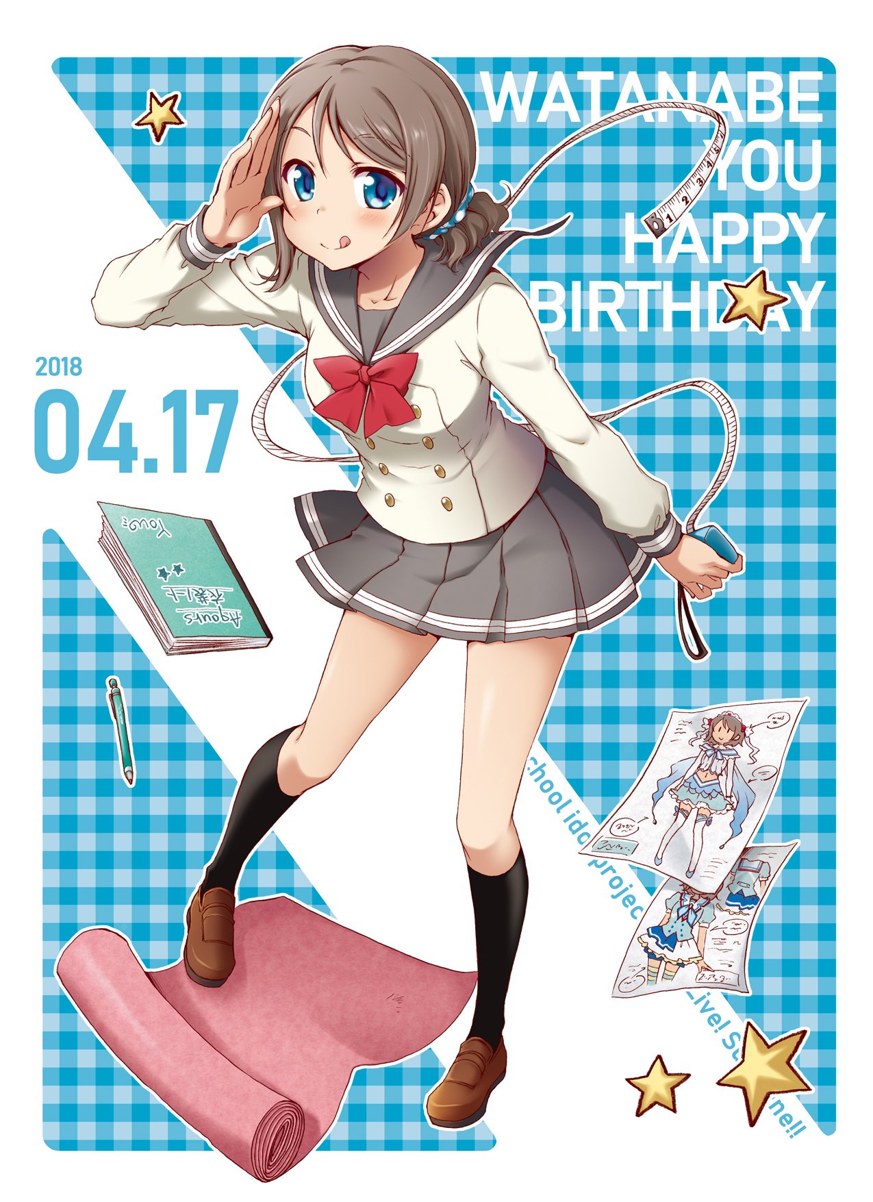 :q aozora_jumping_heart ayami_chiha black_legwear blue_eyes blue_scrunchie bow bowtie brown_footwear character_name commentary_request copyright_name dated double-breasted drawing fabric full_body grey_hair grey_skirt happy_birthday highres kneehighs koi_ni_naritai_aquarium loafers long_sleeves looking_at_viewer love_live! love_live!_sunshine!! mechanical_pencil notebook pencil plaid plaid_background pleated_skirt polka_dot polka_dot_scrunchie ponytail red_neckwear salute school_uniform scrunchie serafuku shoes skirt solo standing star tape_measure tongue tongue_out uranohoshi_school_uniform watanabe_you