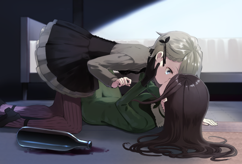 all_fours ange_(princess_principal) ankle_strap bed black_footwear black_gloves black_ribbon blue_eyes bottle braid brown_hair commentary_request dorothy_(princess_principal) dress french_braid fur_collar gloves green_dress grey_hair hair_ribbon hands_on_another's_face high_heels kiss long_hair long_sleeves lying multiple_girls niina_ryou on_back on_floor pantyhose princess_principal ribbon ribbon_legwear wooden_floor yuri