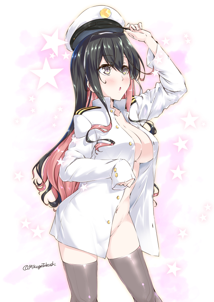 black_hair bottomless breasts cowboy_shot grey_eyes grey_legwear hat kantai_collection large_breasts long_hair looking_up mikage_takashi military military_uniform multicolored_hair naganami_(kantai_collection) naval_uniform no_bra no_panties open_clothes peaked_cap pink_hair shirt sleeves_past_wrists solo standing star starry_background thighhighs twitter_username two-tone_hair uniform wavy_hair white_background white_hat white_shirt