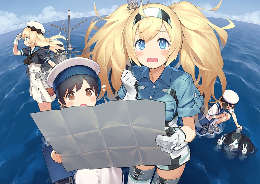 black_hair blonde_hair blue_eyes blue_sailor_collar blue_shirt breast_pocket brown_eyes collared_shirt commentary_request daitou_(kantai_collection) day depth_charge double_v dress fisheye gambier_bay_(kantai_collection) gayarou gloves hair_between_eyes hairband hat hiburi_(kantai_collection) jervis_(kantai_collection) ka-class_submarine kantai_collection long_hair looking_at_viewer machinery map_(object) multicolored multicolored_clothes multicolored_gloves multiple_girls on_water open_mouth outdoors pale_skin partially_submerged pocket sailor_collar sailor_dress sailor_hat shinkaisei-kan shirt short_hair short_sleeves shorts smokestack thighhighs twintails v white_dress white_gloves white_hat white_legwear white_skin