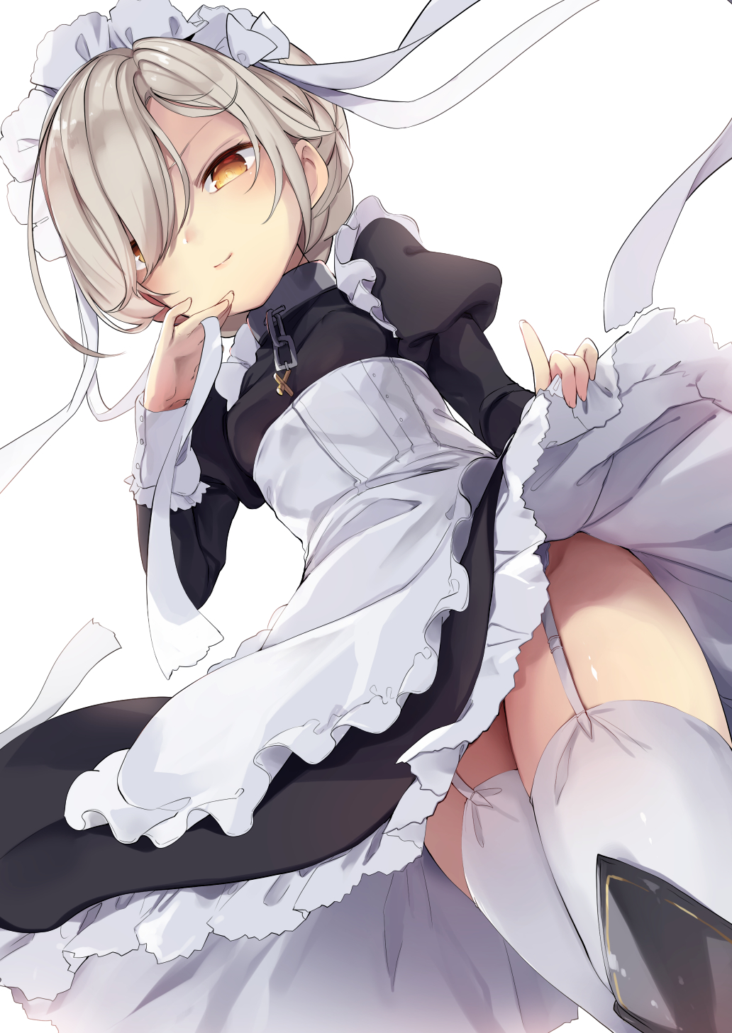 apron azur_lane black_dress chain collar commentary_request dress dress_lift frilled_apron frills from_below garter_belt garter_straps hair_over_one_eye highres kedama_milk lifted_by_self long_sleeves looking_at_viewer looking_down maid maid_apron maid_headdress no_panties platinum_blonde_hair ribbon sheffield_(azur_lane) short_hair simple_background smile solo thighhighs white_apron white_background white_legwear white_ribbon yellow_eyes