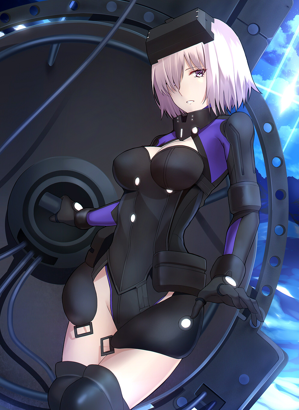 armor bangs black_armor black_gloves black_leotard blue_sky breastplate breasts breasts_apart cleavage cleavage_cutout cloud cloudy_sky cowboy_shot diffraction_spikes eyebrows_visible_through_hair fate/grand_order fate_(series) faulds from_side gloves glowing gorget greaves groin hair_over_one_eye highleg highleg_leotard highres hips holding legs_together leotard long_sleeves looking_at_viewer mash_kyrielight medium_breasts mountainous_horizon multicolored multicolored_clothes multicolored_leotard night night_sky ortenaus outdoors pale_skin parted_lips pauldrons purple_eyes purple_leotard shield shiguru short_hair sideways_glance sky solo standing star_(sky) starry_sky vr_visor white_hair