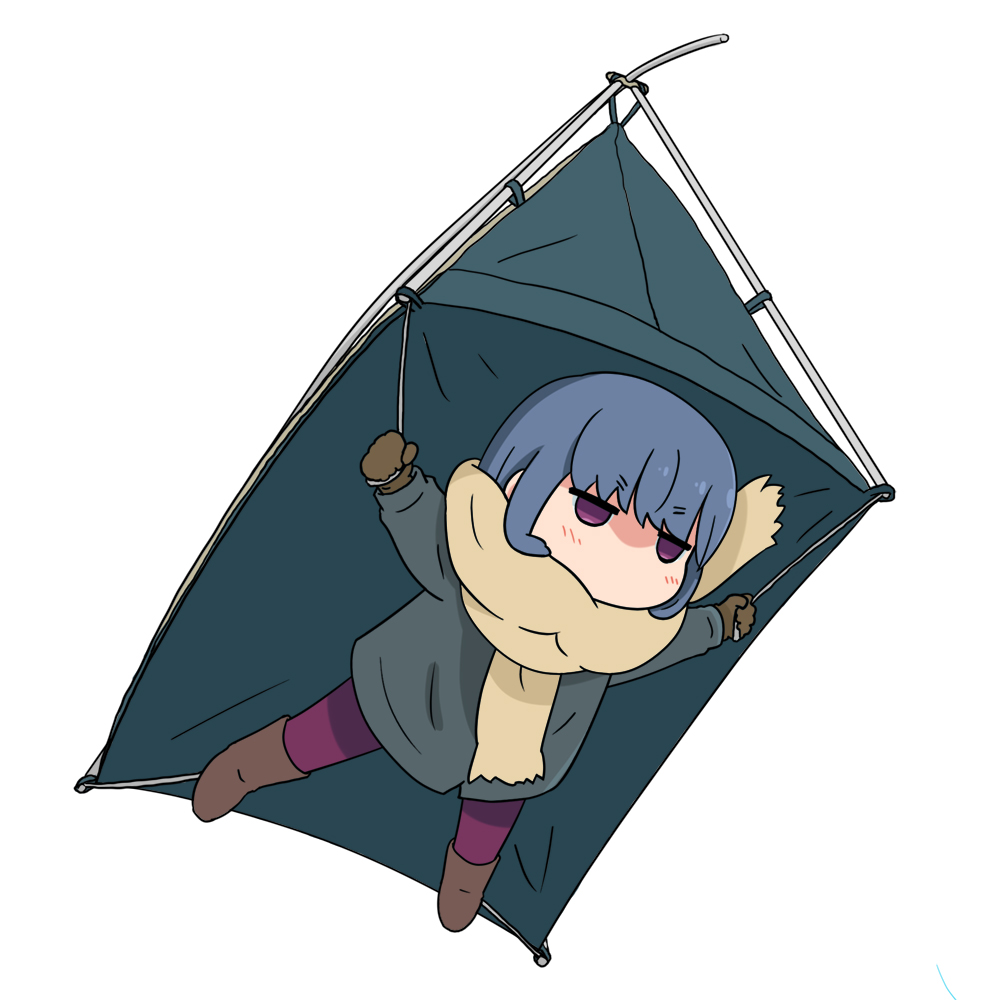 beige_scarf blue_hair blush boots brown_footwear brown_gloves chibi commentary_request denden eyebrows_visible_through_hair gloves green_coat jitome no_mouth pantyhose pink_legwear purple_eyes revision scarf shima_rin simple_background solo tent v-shaped_eyebrows white_background yurucamp