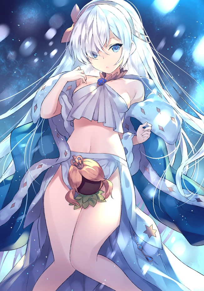 :o anastasia_(fate/grand_order) bangs bare_shoulders blue_cloak blue_eyes blush breasts brown_hairband brown_ribbon cloak commentary_request crop_top fate/grand_order fate_(series) hair_over_one_eye hair_ribbon hairband knees_together_feet_apart long_hair looking_at_viewer medium_breasts navel parted_lips ribbon silver_hair skirt solo star touwa_nikuman very_long_hair white_skirt