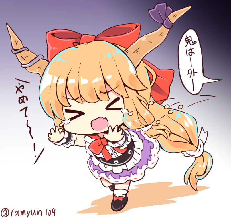 &gt;_&lt; :o artist_name belt black_background black_belt black_footwear blonde_hair blouse bow bowtie chibi commentary_request eyebrows_visible_through_hair fang fleeing frilled_blouse gradient gradient_background grey_background hair_bow hair_ribbon horn_ribbon horns ibuki_suika long_hair no_nose oni oni_horns open_mouth purple_background purple_ribbon purple_skirt ramudia_(lamyun) red_bow red_neckwear ribbon running shadow shirt shoe_bow shoes skirt sleeveless sleeveless_shirt socks solo tears touhou translation_request twitter_username very_long_hair white_background white_blouse white_legwear white_ribbon wrist_cuffs