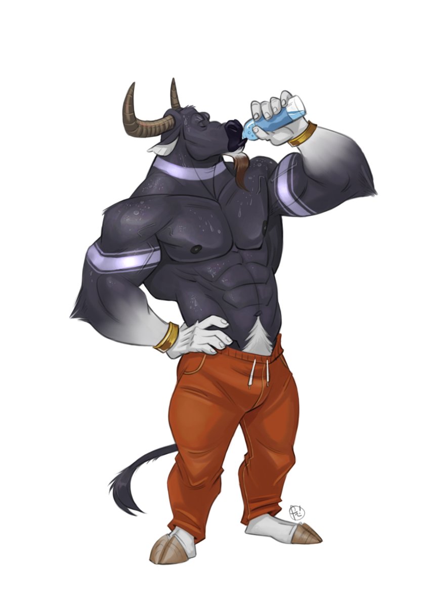 2018 5_fingers abs anthro beverage black_nose bovine cattle clothed clothing digital_media_(artwork) facial_hair fur furrybob goatee horn male mammal muscular muscular_male nipples pecs simple_background standing topless white_background