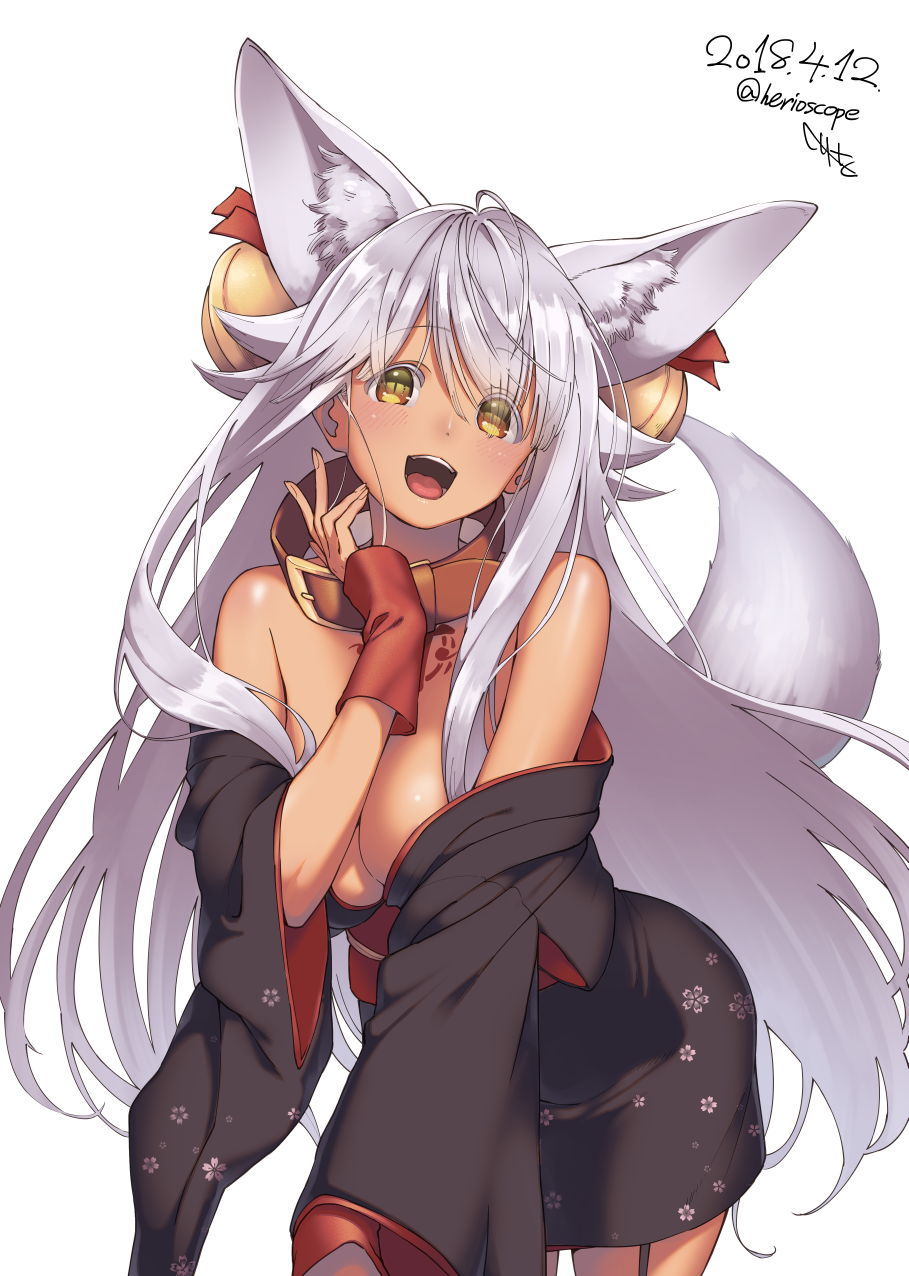 ahoge animal_ears arm_warmers bare_shoulders bell black_kimono blush breasts buckle cleavage collar colored_eyelashes cowboy_shot dark_skin dated eyebrows_visible_through_hair floral_print fox_ears garter_straps hair_bell hair_ornament head_tilt heriwo_(haraheridou) highres japanese_clothes jingle_bell kimono kimono_pull large_breasts leaning_forward long_hair looking_at_viewer off_shoulder original print_kimono shiny shiny_hair shiny_skin silver_hair slit_pupils solo standing tareme tattoo twintails very_long_hair