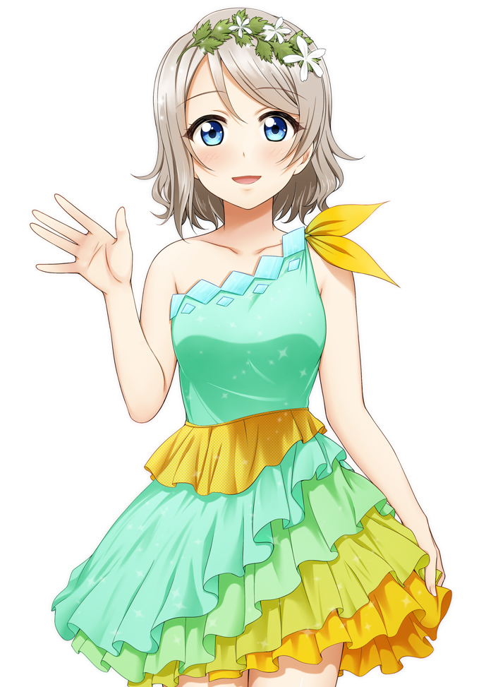 :d blue_eyes collarbone commentary_request dress eyebrows_visible_through_hair grey_hair head_wreath light_blush looking_at_viewer love_live! love_live!_sunshine!! multicolored multicolored_clothes multicolored_dress open_mouth short_hair simple_background single_strap skirt_hold smile solo suzume_miku watanabe_you waving white_background