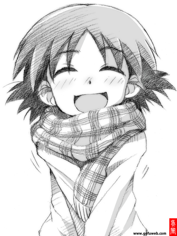 :d bangs casual closed_eyes commentary coupy_pencil_(medium) eyebrows_visible_through_hair facing_viewer girls_und_panzer gofu greyscale long_sleeves monochrome motion_lines open_mouth sakaguchi_karina scarf short_hair sketch smile solo spot_color standing traditional_media upper_body v_arms watermark web_address