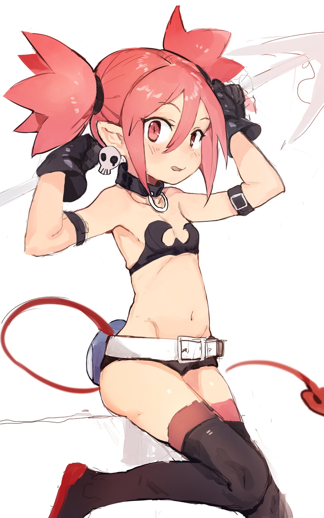 armband bare_shoulders belt black_choker black_footwear black_gloves blush choker commentary_request demon_girl demon_tail disgaea earrings etna flat_chest gloves hands_up highres hiranko holding jewelry legs_together looking_at_viewer makai_senki_disgaea micro_shorts navel parted_lips pink_eyes pink_hair pointy_ears shorts skull_earrings smile solo tail thighhighs twintails